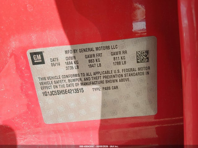 45043597 :رقم المزاد ، 1G1JC5SH5E4213515 vin ، 2014 Chevrolet Sonic Lt Auto مزاد بيع