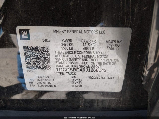 Продаж на аукціоні авто 2018 Chevrolet Colorado Wt, vin: 1GCGSBEA9J1268143, номер лоту: 45043600