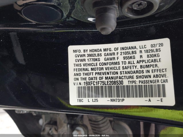 Продажа на аукционе авто 2020 Honda Civic Ex-l, vin: 19XFC1F75LE208530, номер лота: 45043608