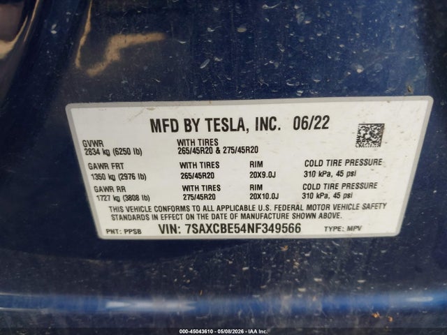 45043610 :رقم المزاد ، 7SAXCBE54NF349566 vin ، 2022 Tesla Model X Dual Motor All-wheel Drive مزاد بيع