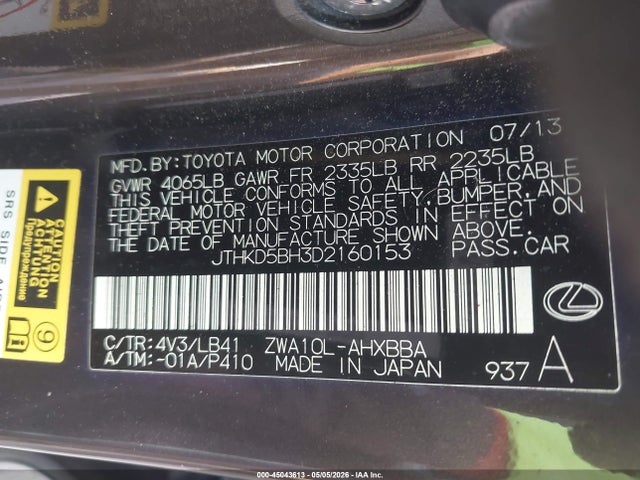 45043613 :رقم المزاد ، JTHKD5BH3D2160153 vin ، 2013 Lexus Ct 200h مزاد بيع
