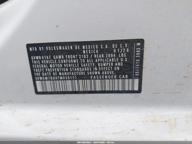 Aukcja sprzedaży 2026 Volkswagen Jetta S, vin: 3VW5W7BU6TM039171, numer aukcji: 45043621