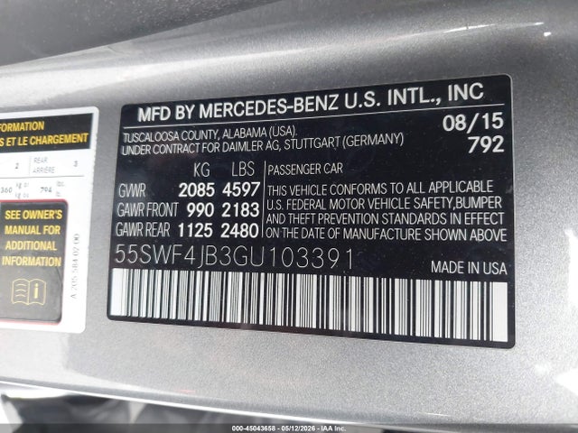 2016 Mercedes-benz C 300 Luxury/sport მანქანა იყიდება აუქციონზე, vin: 55SWF4JB3GU103391, აუქციონის ნომერი: 45043658