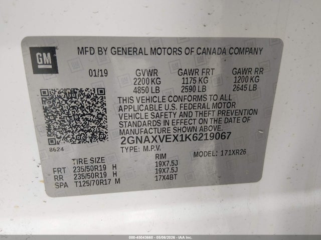 Aukcja sprzedaży 2019 Chevrolet Equinox Lt, vin: 2GNAXVEX1K6219067, numer aukcji: 45043660