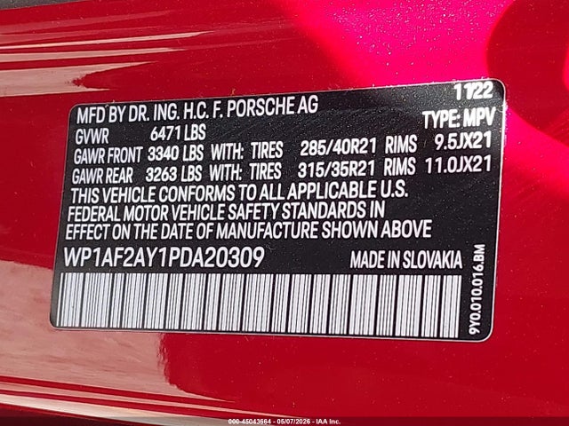 45043664 :رقم المزاد ، WP1AF2AY1PDA20309 vin ، 2023 Porsche Cayenne Turbo مزاد بيع