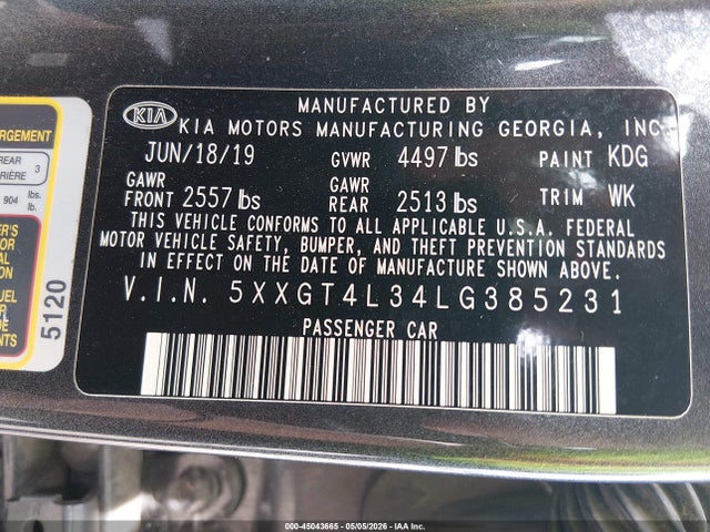 Продажа на аукционе авто 2020 Kia Optima Lx, vin: 5XXGT4L34LG385231, номер лота: 45043665