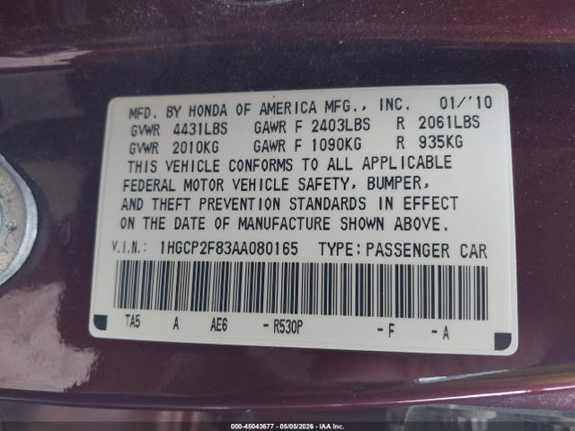 Auction sale of the 2010 Honda Accord 2.4 Ex-l, vin: 1HGCP2F83AA080165, lot number: 45043677