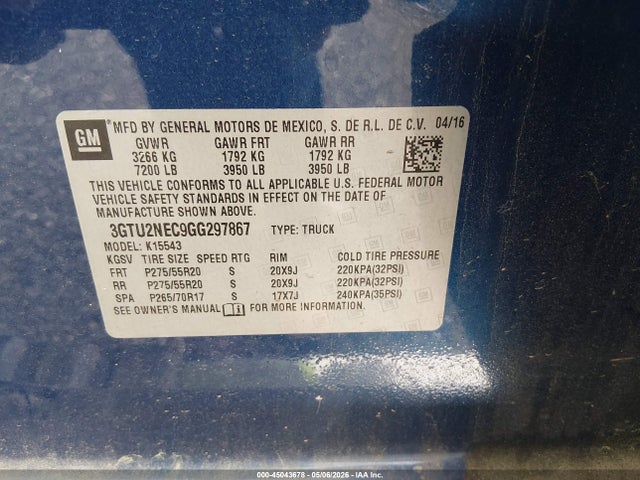 Продаж на аукціоні авто 2016 Gmc Sierra 1500 Slt, vin: 3GTU2NEC9GG297867, номер лоту: 45043678