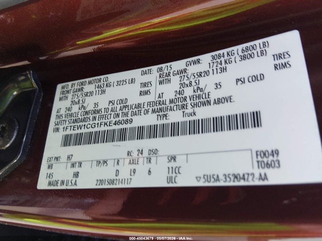 45043679 :رقم المزاد ، 1FTEW1CG1FKE46089 vin ، 2015 Ford F-150 Lariat مزاد بيع