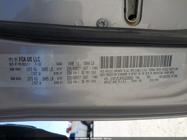 45043682 :رقم المزاد ، 1C4PJMLB7KD226922 vin ، 2019 Jeep Cherokee Latitude Plus 4x4 مزاد بيع