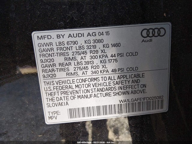 45043686 :رقم المزاد ، WA1LGAFE1FD025082 vin ، 2015 Audi Q7 3.0t Premium مزاد بيع