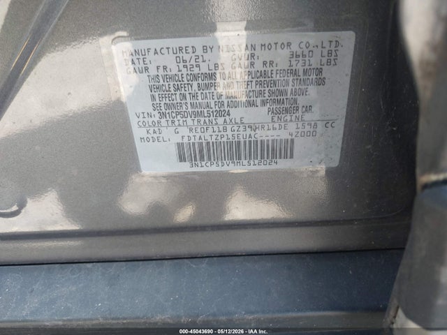 2021 Nissan Kicks Sr Xtronic Cvt მანქანა იყიდება აუქციონზე, vin: 3N1CP5DV9ML512024, აუქციონის ნომერი: 45043690
