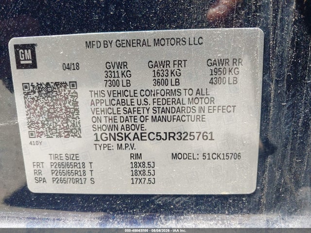 Продажа на аукционе авто 2018 Chevrolet Tahoe Ls, vin: 1GNSKAEC5JR325761, номер лота: 45043700
