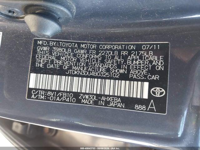 Продаж на аукціоні авто 2011 Toyota Prius, vin: JTDKN3DU4B0325102, номер лоту: 45043703