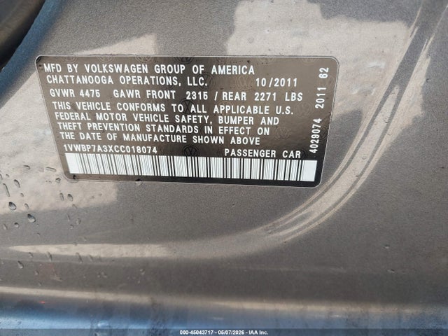 Продаж на аукціоні авто 2012 Volkswagen Passat 2.5l Se, vin: 1VWBP7A3XCC018074, номер лоту: 45043717
