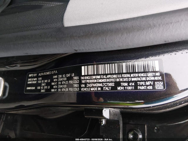 45043723 :رقم المزاد ، ZASPAKBN4L7C75602 vin ، 2020 Alfa Romeo Stelvio Ti Awd مزاد بيع