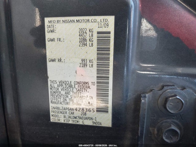 45043725 :رقم المزاد ، 1N4BL2AP6AN428365 vin ، 2010 Nissan Altima 3.5 Sr مزاد بيع