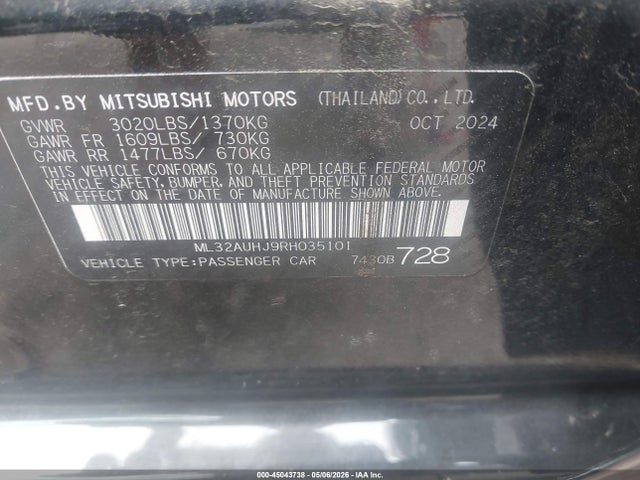 Aukcja sprzedaży 2024 Mitsubishi Mirage Es/le, vin: ML32AUHJ9RH035101, numer aukcji: 45043738
