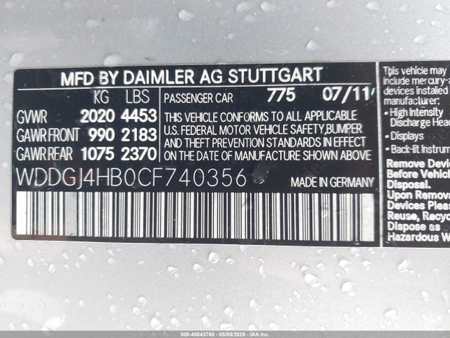 45043760 :رقم المزاد ، WDDGJ4HB0CF740356 vin ، 2012 Mercedes-benz C 250 مزاد بيع