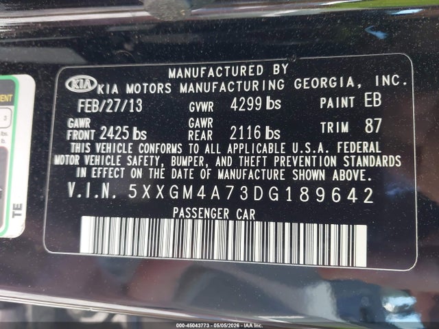 Aukcja sprzedaży 2013 Kia Optima Lx, vin: 5XXGM4A73DG189642, numer aukcji: 45043773