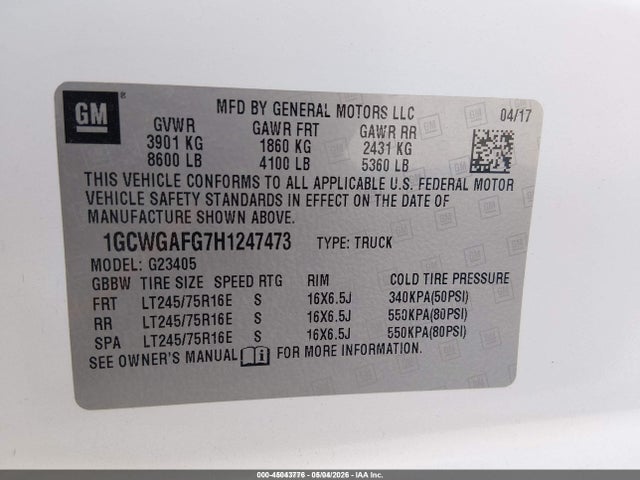 Продаж на аукціоні авто 2017 Chevrolet Express 2500 Work Van, vin: 1GCWGAFG7H1247473, номер лоту: 45043776