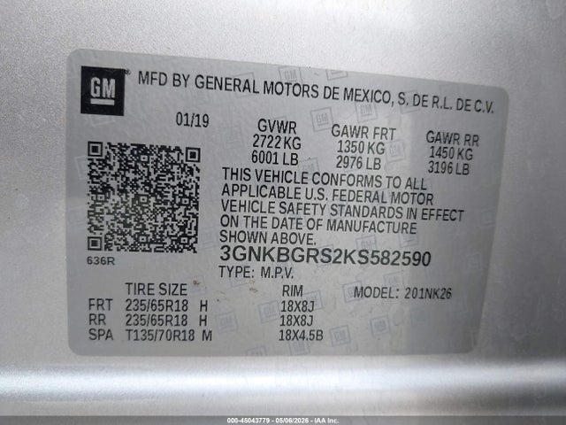 45043779 :رقم المزاد ، 3GNKBGRS2KS582590 vin ، 2019 Chevrolet Blazer مزاد بيع