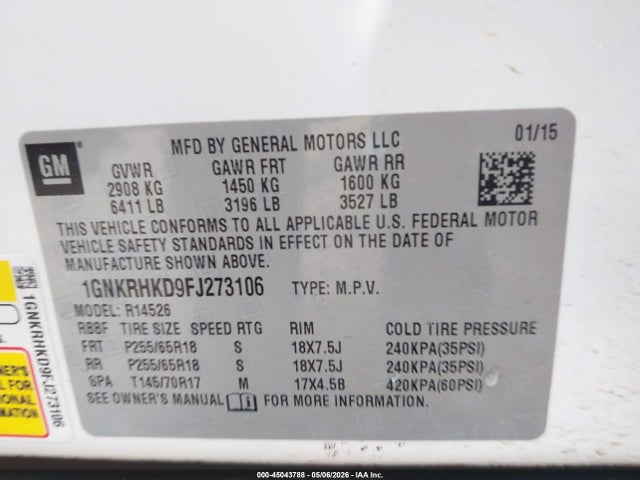 45043788 :رقم المزاد ، 1GNKRHKD9FJ273106 vin ، 2015 Chevrolet Traverse 2lt مزاد بيع