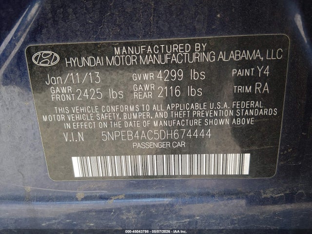 45043798 :رقم المزاد ، 5NPEB4AC5DH674444 vin ، 2013 Hyundai Sonata Gls مزاد بيع