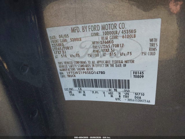 Продаж на аукціоні авто 2005 Ford F-250 Lariat/xl/xlt, vin: 1FTSW21P85ED14780, номер лоту: 45043805