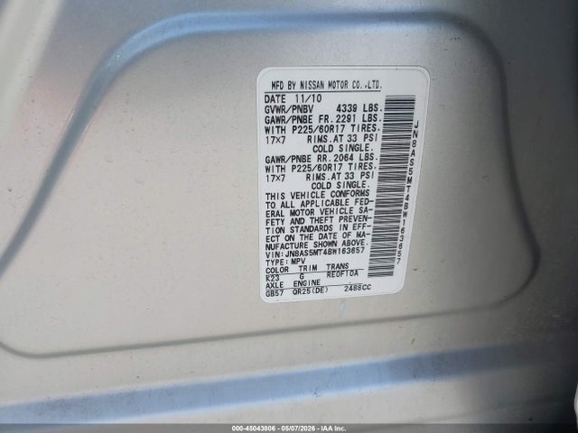 45043806 :رقم المزاد ، JN8AS5MT4BW163657 vin ، 2011 Nissan Rogue Sv مزاد بيع