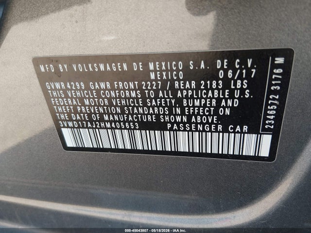45043807 :رقم المزاد ، 3VWD17AJ2HM405653 vin ، 2017 Volkswagen Jetta 1.8t Sport مزاد بيع