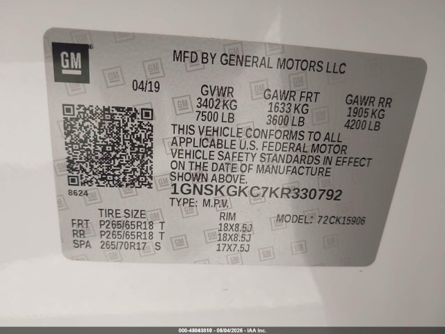 Aukcja sprzedaży 2019 Chevrolet Suburban Ls, vin: 1GNSKGKC7KR330792, numer aukcji: 45043810