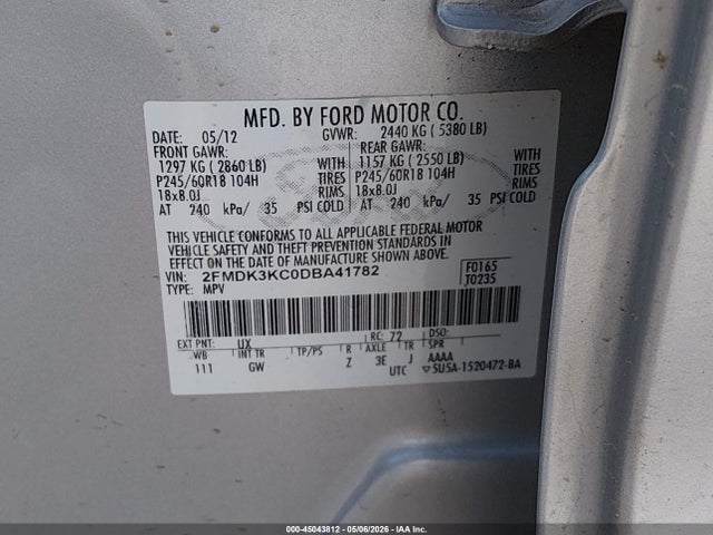 Aukcja sprzedaży 2013 Ford Edge Limited, vin: 2FMDK3KC0DBA41782, numer aukcji: 45043812