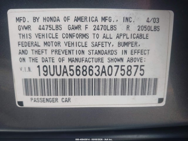 Продажа на аукционе авто 2003 Acura Tl 3.2 Type S, vin: 19UUA56863A075875, номер лота: 45043814