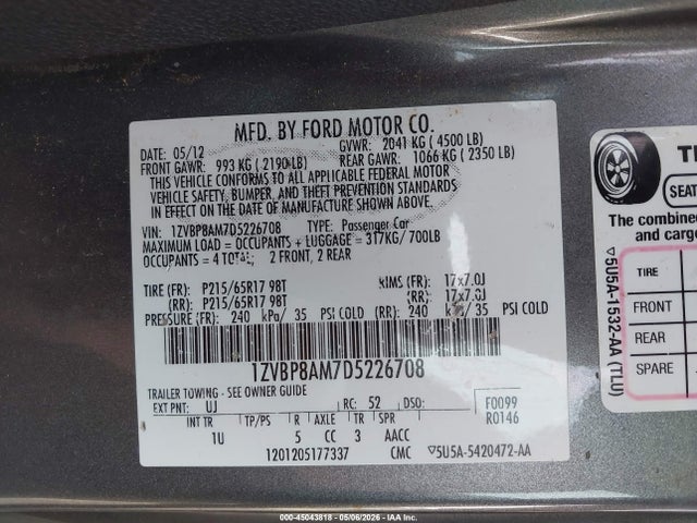 2013 Ford Mustang V6 მანქანა იყიდება აუქციონზე, vin: 1ZVBP8AM7D5226708, აუქციონის ნომერი: 45043818