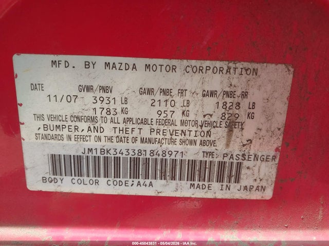 Aukcja sprzedaży 2008 Mazda Mazda3 S Sport, vin: JM1BK343381848971, numer aukcji: 45043831