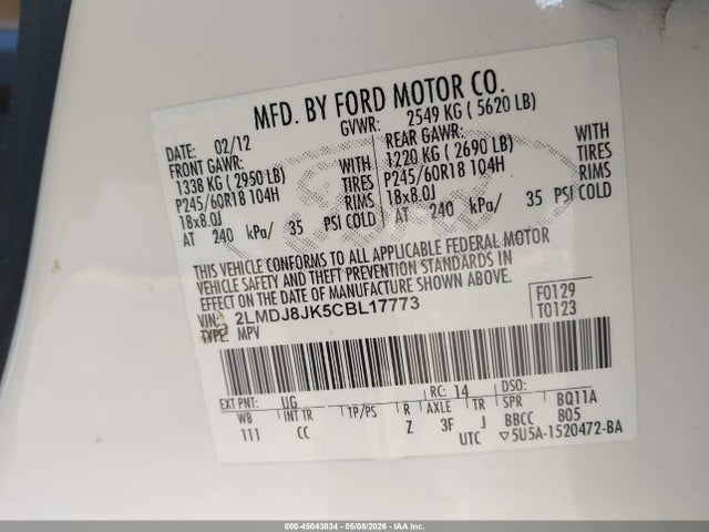 Aukcja sprzedaży 2012 Lincoln Mkx, vin: 2LMDJ8JK5CBL17773, numer aukcji: 45043834