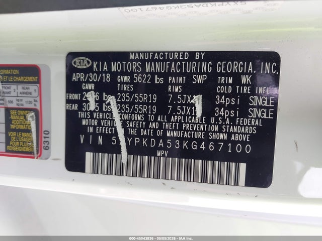 Продаж на аукціоні авто 2019 Kia Sorento 3.3l Sx, vin: 5XYPKDA53KG467100, номер лоту: 45043836
