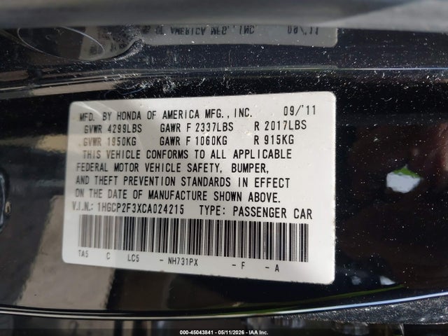 Aukcja sprzedaży 2012 Honda Accord 2.4 Lx, vin: 1HGCP2F3XCA024215, numer aukcji: 45043841