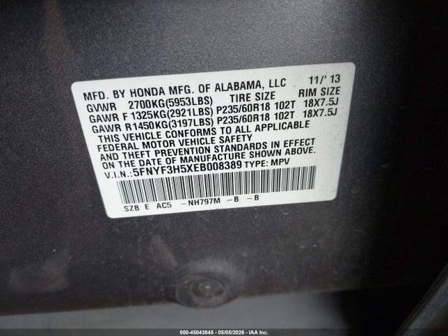Aukcja sprzedaży 2014 Honda Pilot Ex-l, vin: 5FNYF3H5XEB008389, numer aukcji: 45043845
