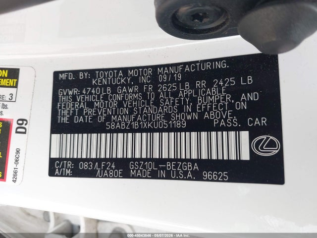 Продаж на аукціоні авто 2019 Lexus Es 350 F Sport, vin: 58ABZ1B1XKU051189, номер лоту: 45043846