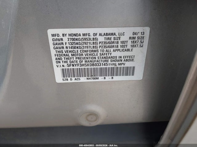 Продажа на аукционе авто 2013 Honda Pilot Ex-l, vin: 5FNYF3H5XDB033145, номер лота: 45043853