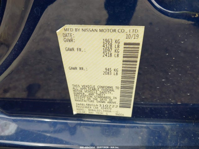45043854 :رقم المزاد ، 1N4BL4BV1LN310722 vin ، 2020 Nissan Altima S Fwd مزاد بيع