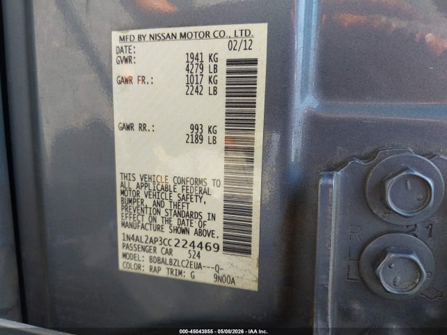 Продаж на аукціоні авто 2012 Nissan Altima 2.5 S, vin: 1N4AL2AP3CC224469, номер лоту: 45043855