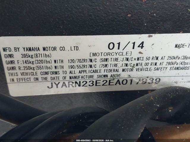 Aukcja sprzedaży 2014 Yamaha Yzfr1, vin: JYARN23E2EA017939, numer aukcji: 45043863