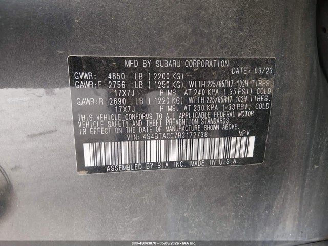 2024 Subaru Outback Premium მანქანა იყიდება აუქციონზე, vin: 4S4BTACC7R3172738, აუქციონის ნომერი: 45043878