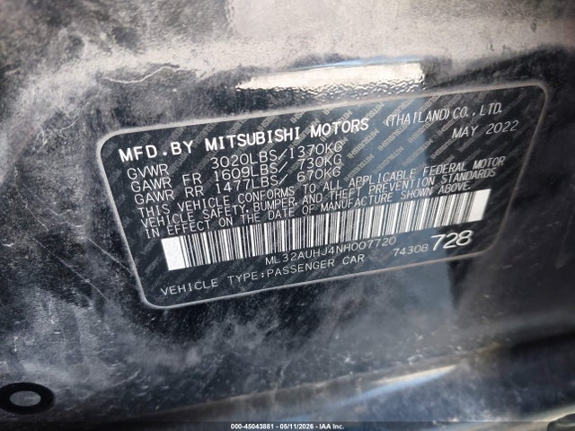 45043881 :رقم المزاد ، ML32AUHJ4NH007720 vin ، 2022 Mitsubishi Mirage Es مزاد بيع