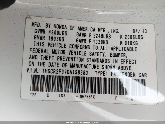 Aukcja sprzedaży 2013 Honda Accord Lx, vin: 1HGCR2F37DA158983, numer aukcji: 45043889