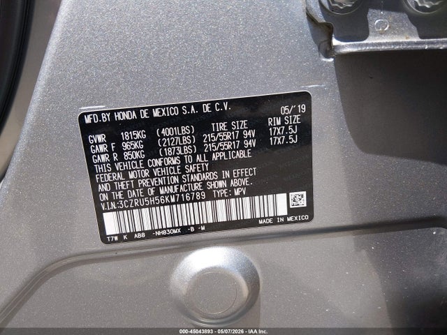 Aukcja sprzedaży 2019 Honda Hr-v Ex, vin: 3CZRU5H56KM716789, numer aukcji: 45043893