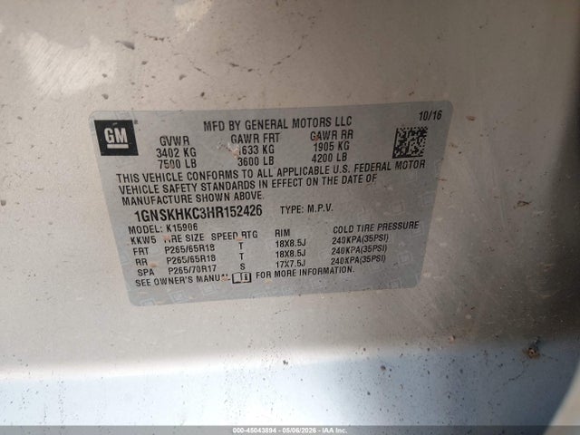 1GNSKHKC3HR152426 Chevrolet Suburban Lt